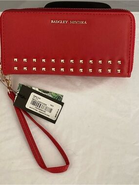 Badgley Mischka Red Zip-Around Studded Wristlet Wallet